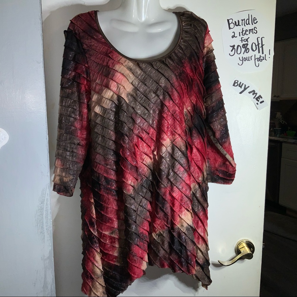 Ruffle Shimmer 3/4 length SL Asymmetrical Top Sz 2X Red Pink